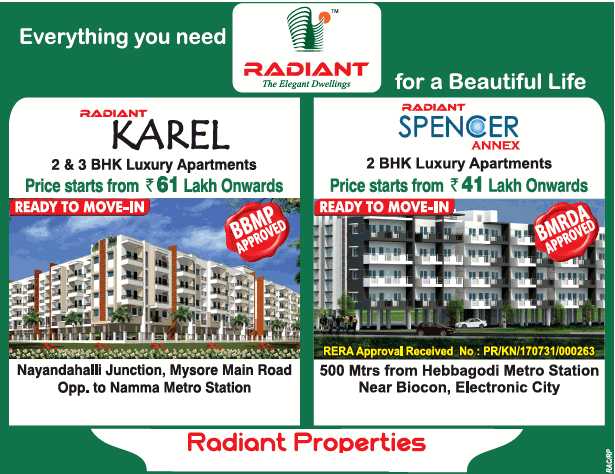 Book your abode at ready to move Radiant homes in Bangalore